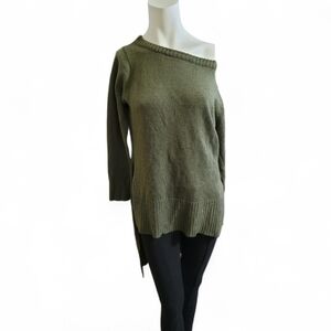 Zoey Medium Olive Green Off-Shoulder High Low Crew Neck Sweater